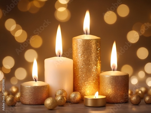 Background with lit candles with bokeh effect and golden glitter