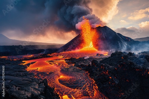 Volcanic chaos  molten lava spews from the crater  creating a striking image of Earth s dynamic forces