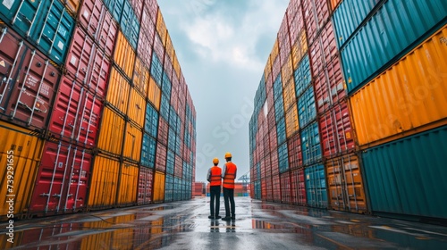  Team of logistics professionals workers checking stock standing amidst towering cargo containers, two men in high-visibility vests and safety helmets between rows of multicolored shipping stack photo