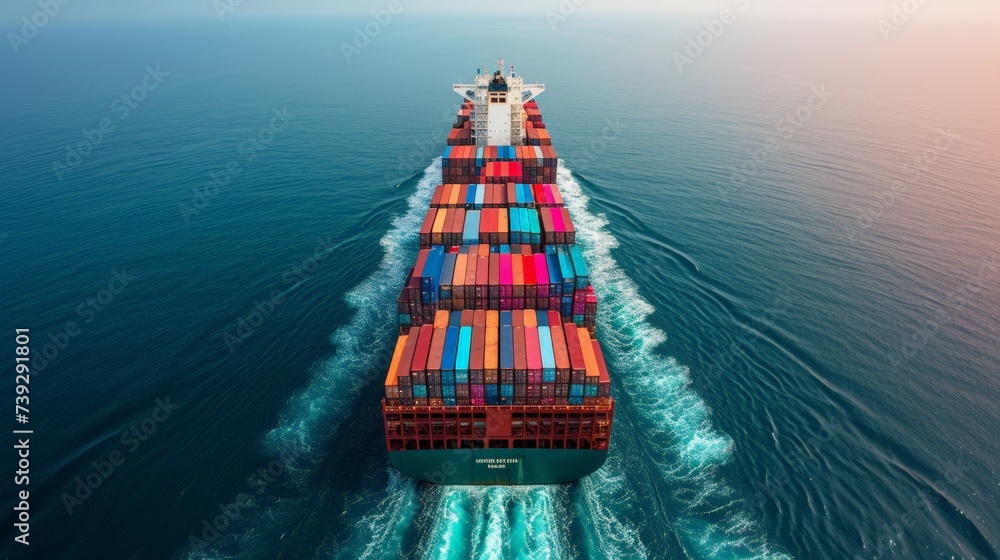 Aerial view captures the vibrant hustle of a shipping port at dusk, stacked colorful containers and busy cranes against the calm sea. Birds-eye shot showcases bustling cargo dock shipping by sea Aerial view captures the vibrant hustle of a shipping port at dusk, stacked colorful containers and busy cranes against the calm sea. Birds-eye shot showcases bustling cargo dock shipping by sea