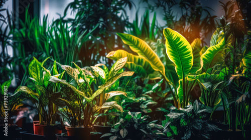 Plants basking under ultraviolet light  illustrating the concept of indoor gardening at home. Vibrant foliage thriving in artificial lighting conditions.