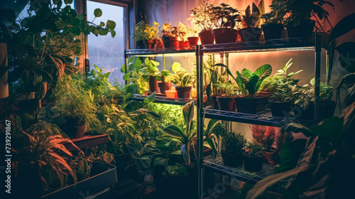 Plants basking under ultraviolet light  illustrating the concept of indoor gardening at home. Vibrant foliage thriving in artificial lighting conditions.