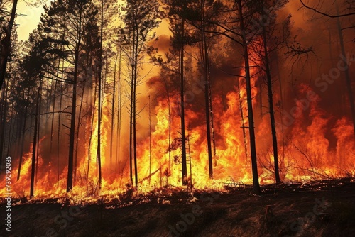 Catastrophic forest fires create a fiery spectacle  with trees engulfed in flames and the sky painted with smoke  