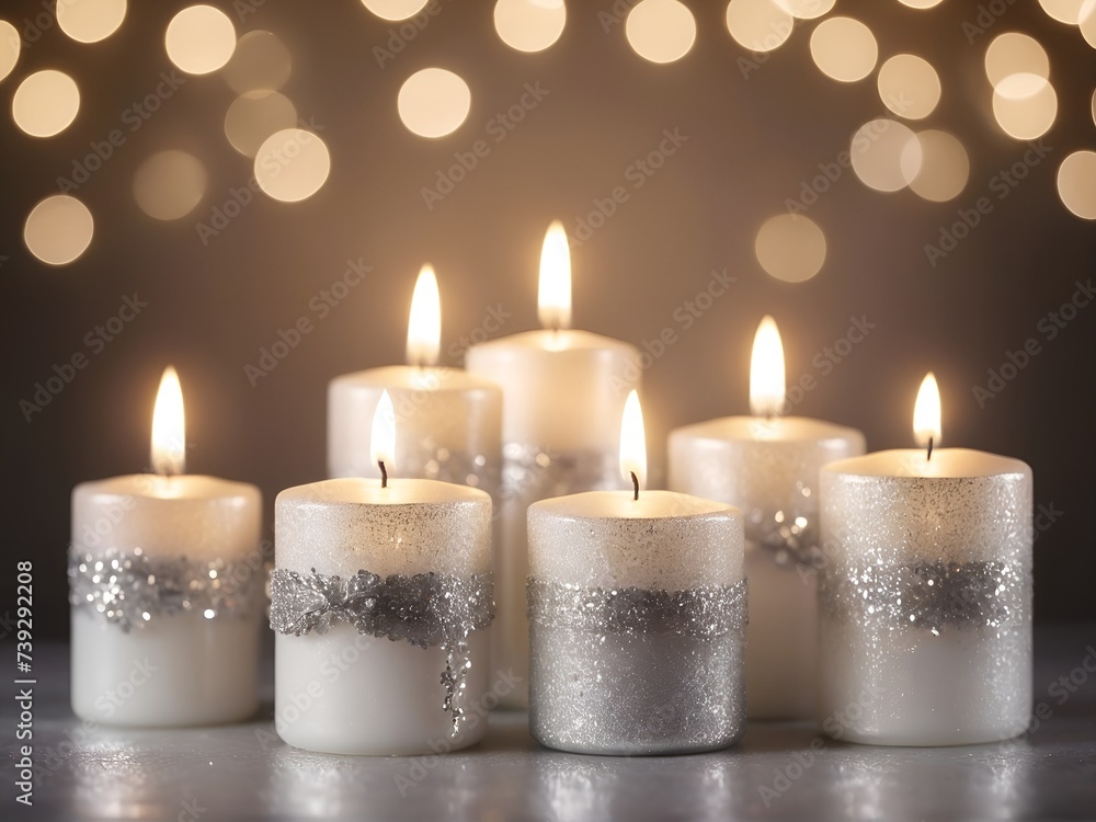 Background with lit candles with bokeh effect and silver glitter Background with lit candles with bokeh effect and silver glitter