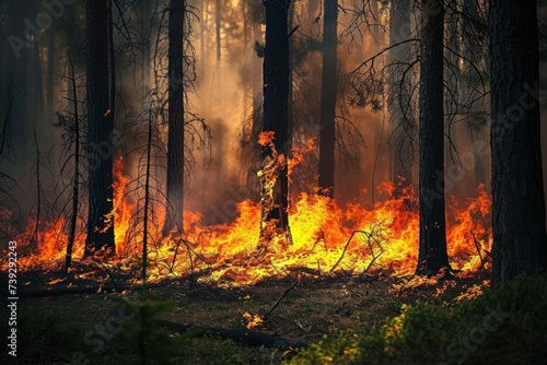 Destructive force of nature: a forest fire in progress, with flames leaping among the trees and smoke billowing, Photo --ar 3:2 --stylize 50 --v 6 Job ID: 83119450-a5ce-4044-b823-e65c6174609a