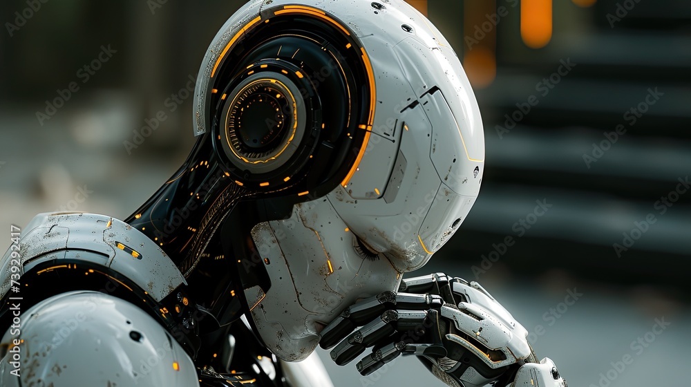 Fototapeta premium Cybernetic robot thinking with its head down.