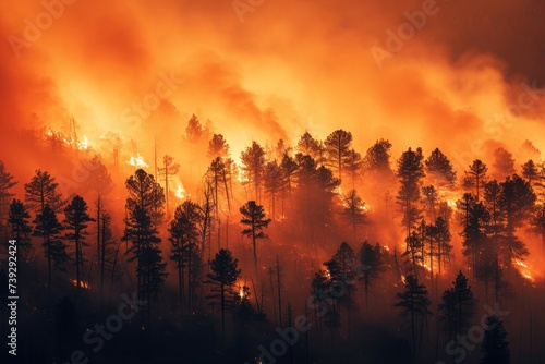 Devastating scene of a forest ablaze, with trees consumed by wildfire and thick smoke filling the air, Photo --ar 3:2 --stylize 50 --v 6 Job ID: 60025f51-c42d-44d5-8b90-0f75d39ed274