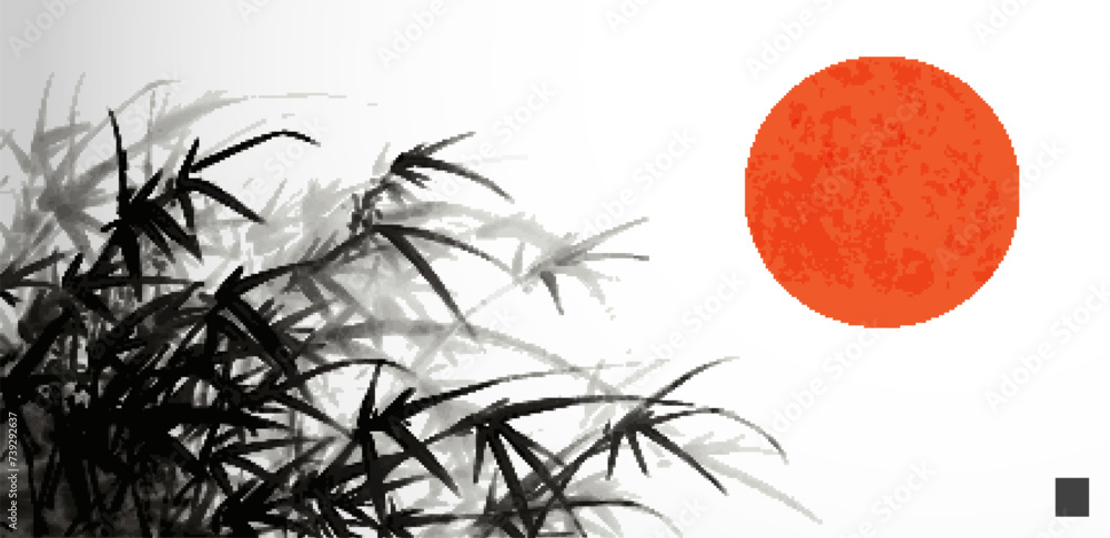 Ink wash painting of young bamboo trees and big red sun. Traditional oriental ink painting sumi-e, u-sin, go-hua. Translation of hieroglyph - eternity. - obrazy, fototapety, plakaty 