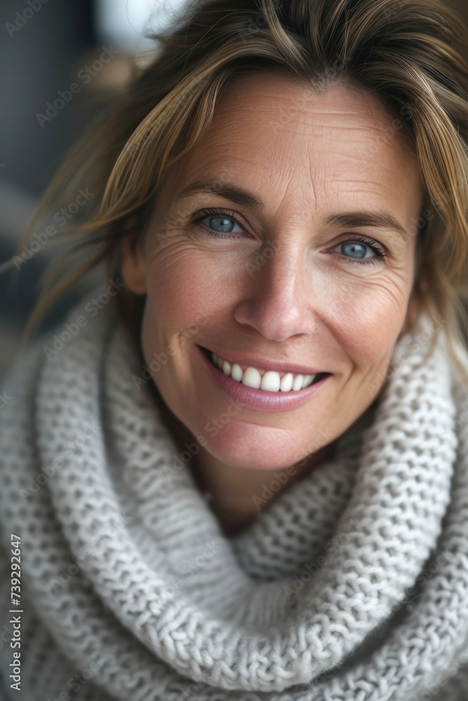 Middle-aged woman smiles broadly. Close-up portrait of beautiful Caucasian woman in gray knitted warm sweater. Middle-aged woman smiles broadly. Close-up portrait of beautiful Caucasian woman in gray knitted warm sweater.