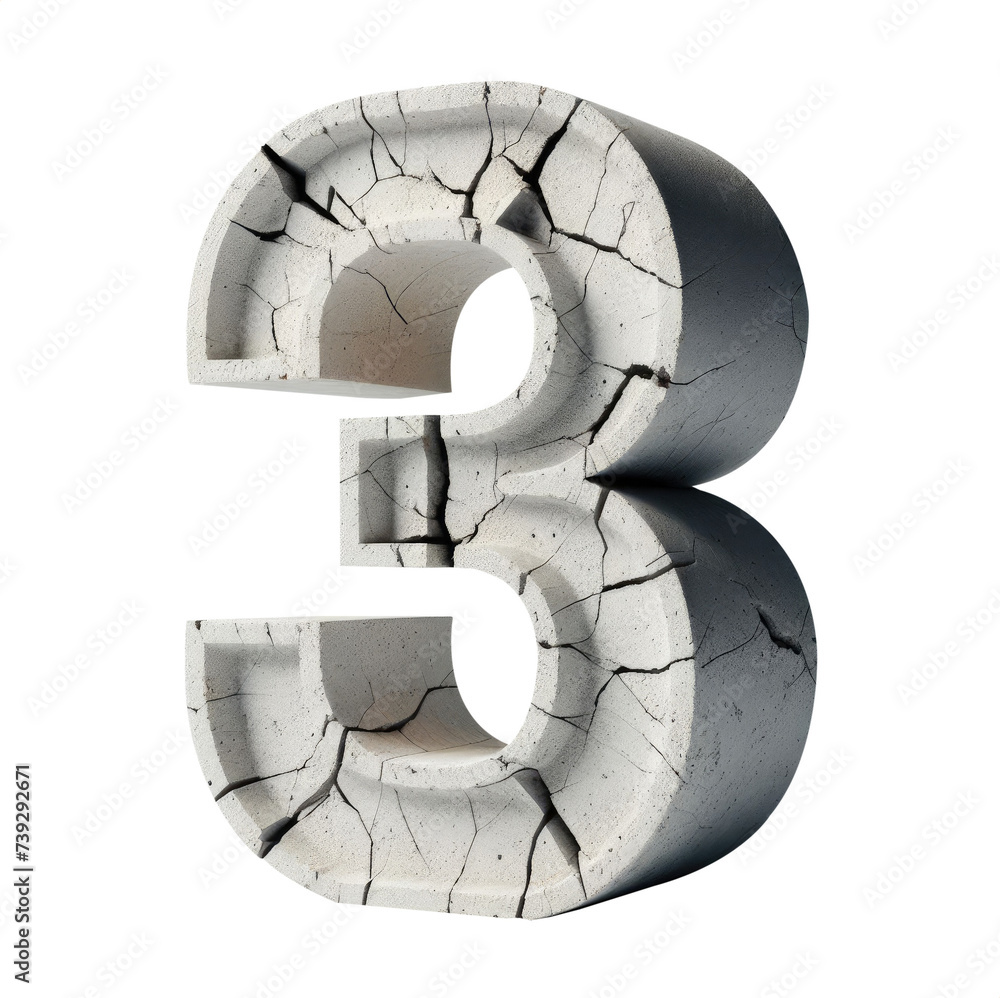 Number 3. Cracked apocalyptic number. 3D concrete old cracked numeral ...