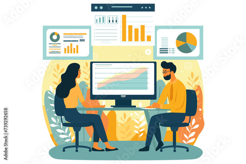 people communicating, teamwork, the concept of working at a computer with data and analysing information