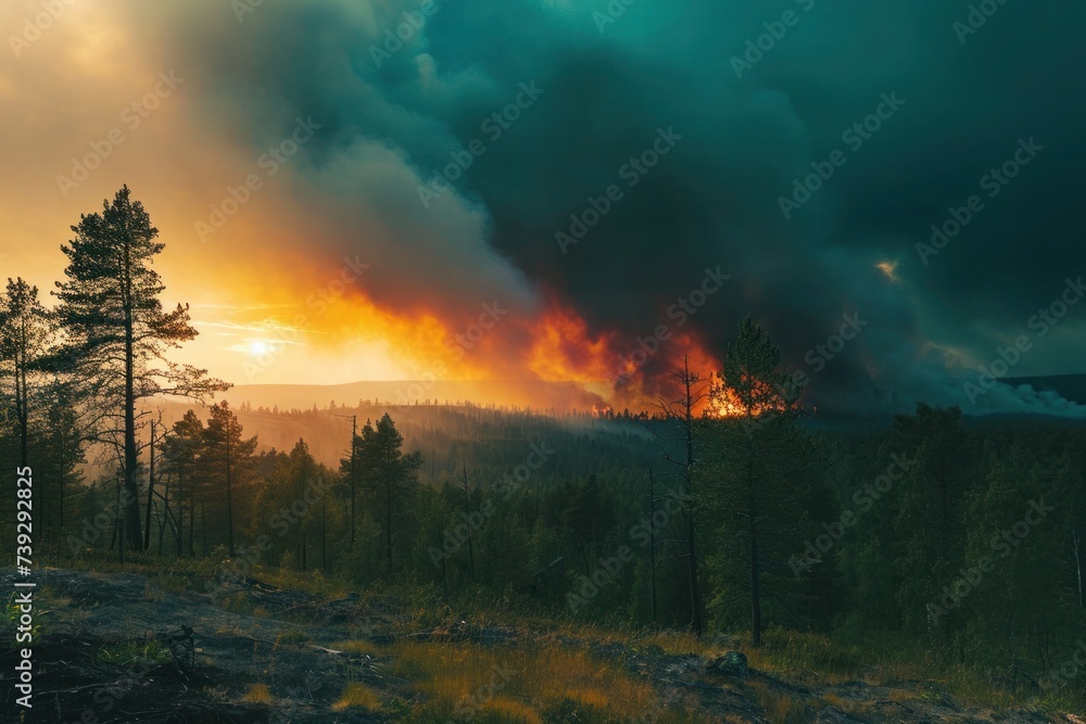 Fototapeta premium Distant view of sweeping wildfires in the forest, a panoramic spectacle of nature's destructive power, Photo --ar 3:2 --stylize 50 --v 6 Job ID: fc481bdc-d2b6-41a5-96ac-00869ff90de1