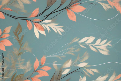 Abstract background of pastel shades with pattern of leaves on branches.