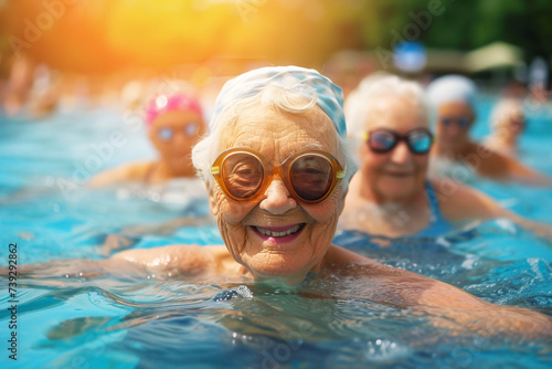 Happy elderly woman swims in outdoor pool on sunny summer day. Active aging. © SerPak
