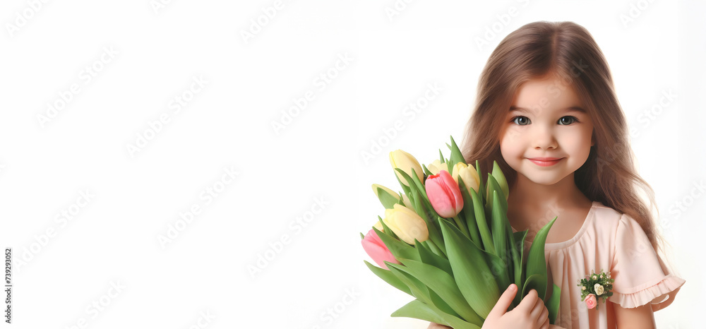 Cute little girl with tulips. International Women's Day. Background with copy space. Banner
