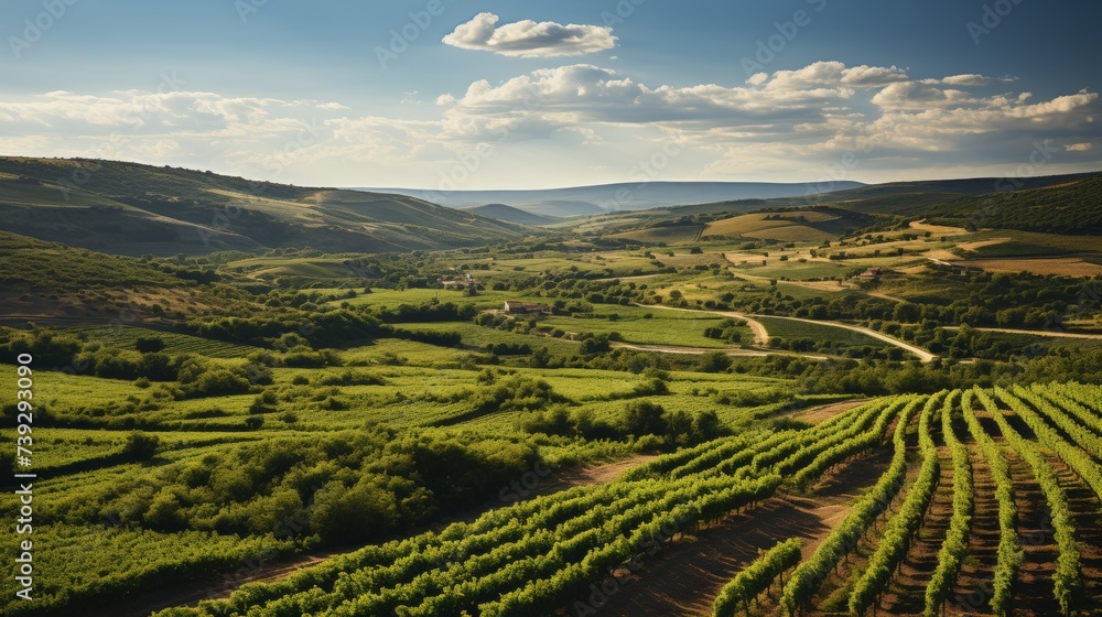 Fototapeta premium Aerial view of a sprawling vineyard, neat rows of grapevines, picturesque and indicative of agricultural dedication, Photography, drone shot for a comprehensive