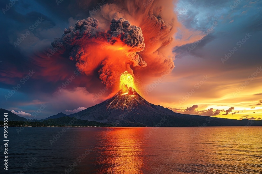 Fototapeta premium Volcanic chaos: molten lava spews from the crater, creating a striking image of Earth's dynamic forces