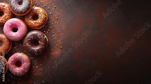 Mix of multicolored sweet donuts with icing and sprinkles on a brown background