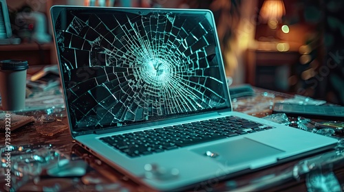 Laptop on a table with broken screen. photo