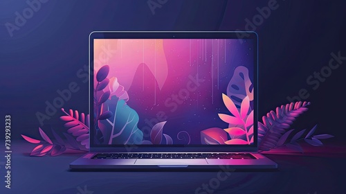 Illustration of a laptop on a desk  with graphics on the screen.