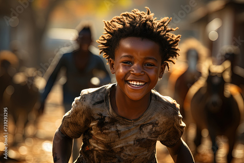 Young african boy with a beaming smile walks confidently through a group of majestic horses. Scene captures the boys joy and the beauty of the animals as they interact harmoniously