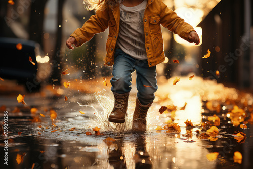 Young girl joyfully runs through puddle of water, splashing and laughing as droplets scatter around her. Her hair flies behind her in wind and her face is joyful and carefree
