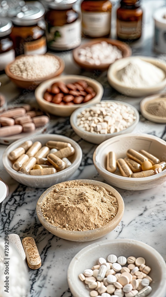 Various dietary supplements for health and beauty, like collagen, vitamins, biotin, and protein, in pill and powder forms.