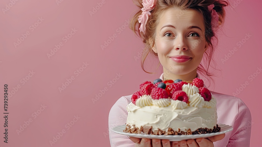Caucasian young girl with a cake in hands, isolated on pink background. Caucasian young girl with a cake in hands, isolated on pink background.