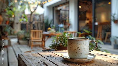 A cup of morning hot tea  served on the wooden table. With background of morning sunlight on the courtyard.
