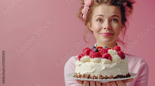 Caucasian young girl with a cake in hands, isolated on pink background.