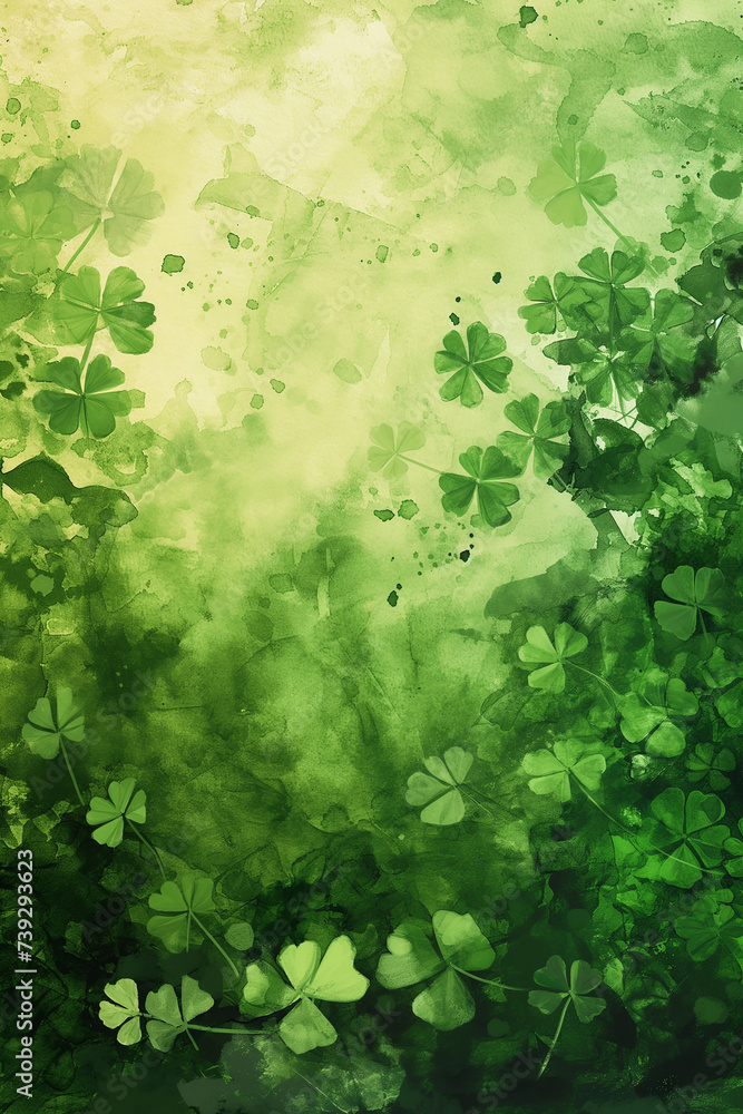 Fototapeta premium Saint Patric's day beautiful green background with clover leaves. Very Irish watercolor illustration. Ireland culture and holiday.