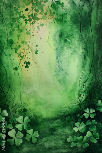 Saint Patric's day beautiful green background with clover leaves. Very Irish watercolor illustration. Ireland culture and holiday.