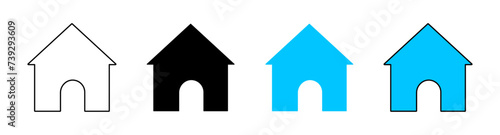 Home icon set with fill and outline in black and blue color on white background. House flat icon set in different styles - Vector Icon
