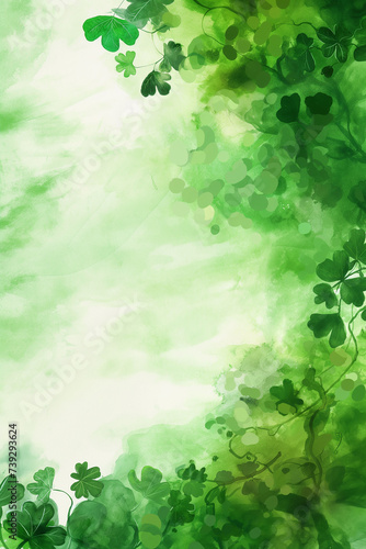 Saint Patric's day beautiful green background with clover leaves. Very Irish watercolor illustration. Ireland culture and holiday.