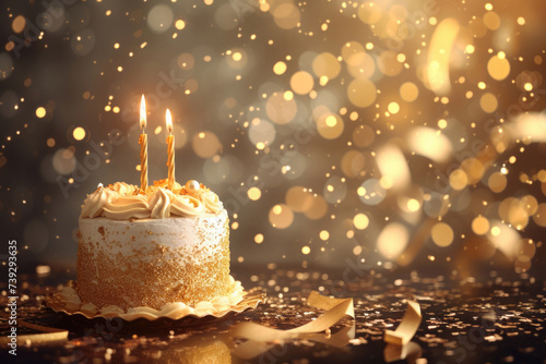 birthday cake with candles in gold decor, bokeh flickering ribbon with confetti photo