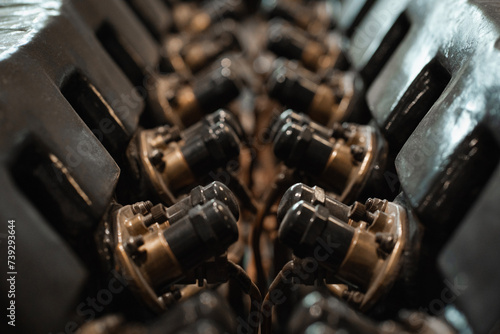 Old aeroplane engine, symmetric motor metal shining parts and closeup details