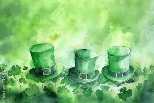 Saint Patric's day beautiful green background with clover leaves and Leprechaun hat. Very Irish watercolor illustration. Ireland culture and holiday.