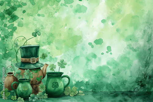 Saint Patric's day beautiful green background with clover leaves and Leprechaun hat. Very Irish watercolor illustration. Ireland culture and holiday.