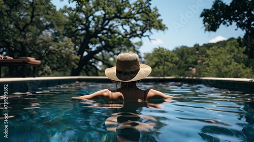 A woman wearing a hat sitting in a pool © ISK PRODUCTION