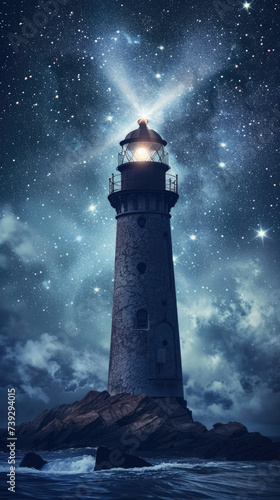 lighthouse glowing against the background of the night starry sky, milky way, rays, vertical