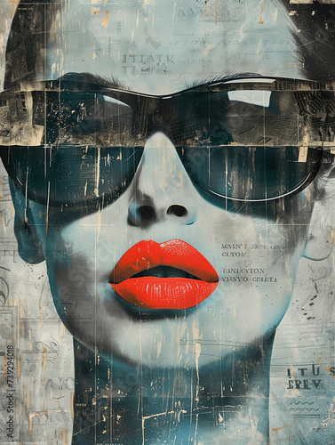 Gorgeous woman face with red bright lips and sunglasses, abstract artistic wallpaper vitange style, close up view. Beauty, cosmetics and make-up concept photo