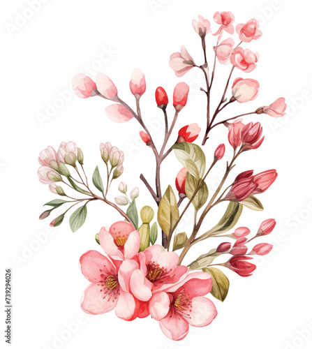 Watercolor bouquet with pink wild spring flowers for Valentines day romantic illustration