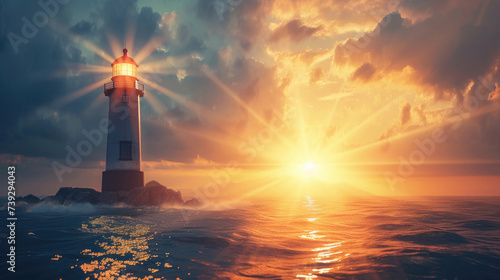lighthouse with glowing rays on the seashore illuminates the path, sunrise, orange light photo