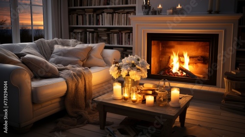 An inviting fireplace room, the fire crackling softly, a thick rug on the floor, and a stack of books waiting to be read, the room embodying warmth, relaxation,