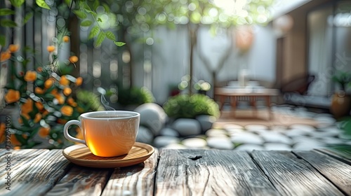 a cup of hot tea served on the wooden table, with background of tiny courtyard on the backyard of urban buildin photo