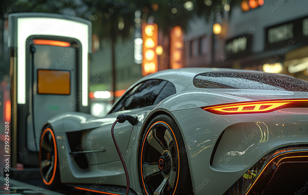 Electric sports car charging at a station on a wet evening. Photorealistic 3D render. Future transportation and sustainable energy concept. Design for poster, banner, wallpaper. Electric sports car charging at a station on a wet evening. Photorealistic 3D render. Future transportation and sustainable energy concept. Design for poster, banner, wallpaper.