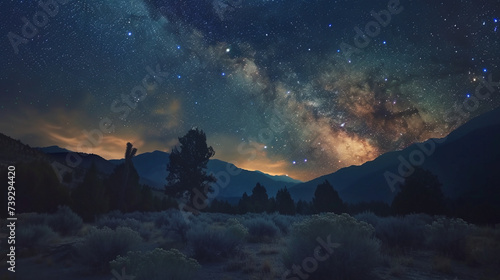 Starry Nightscapes  Capture the night sky filled with stars above picturesque landscapes  such as mountains  forests  or deserts. The contrast between the dark sky. Generative AI