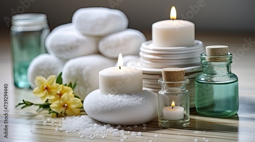 towels, flowers and burning candles, spa concept
