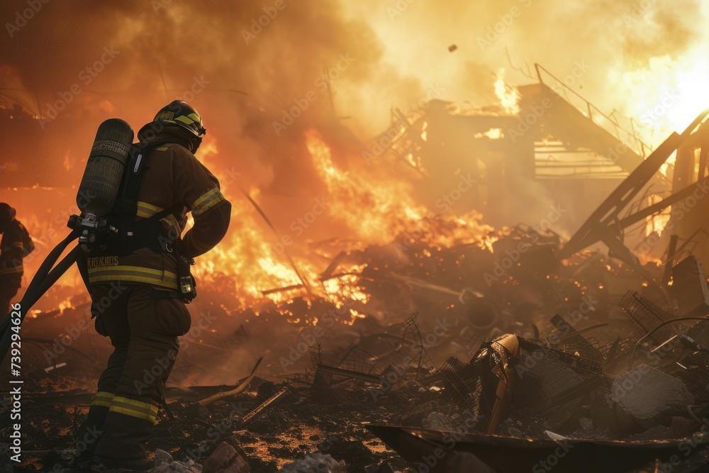 Fototapeta premium two firefighters are fighting a large fire with a hose