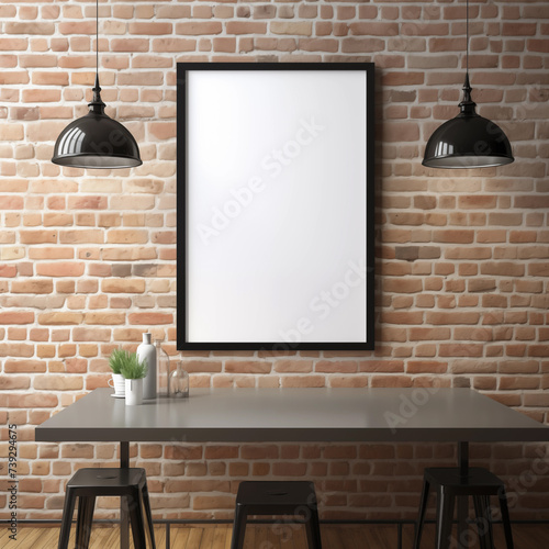 Empty frame mockup on brick wall background with dining table at cafe